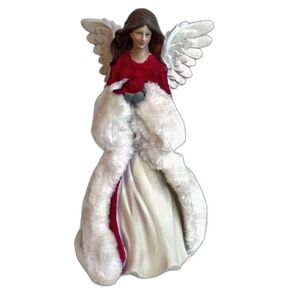 Angel Figurine holding Cardinal Bird Red Sweater Faux Fur Lined 11" Christmas